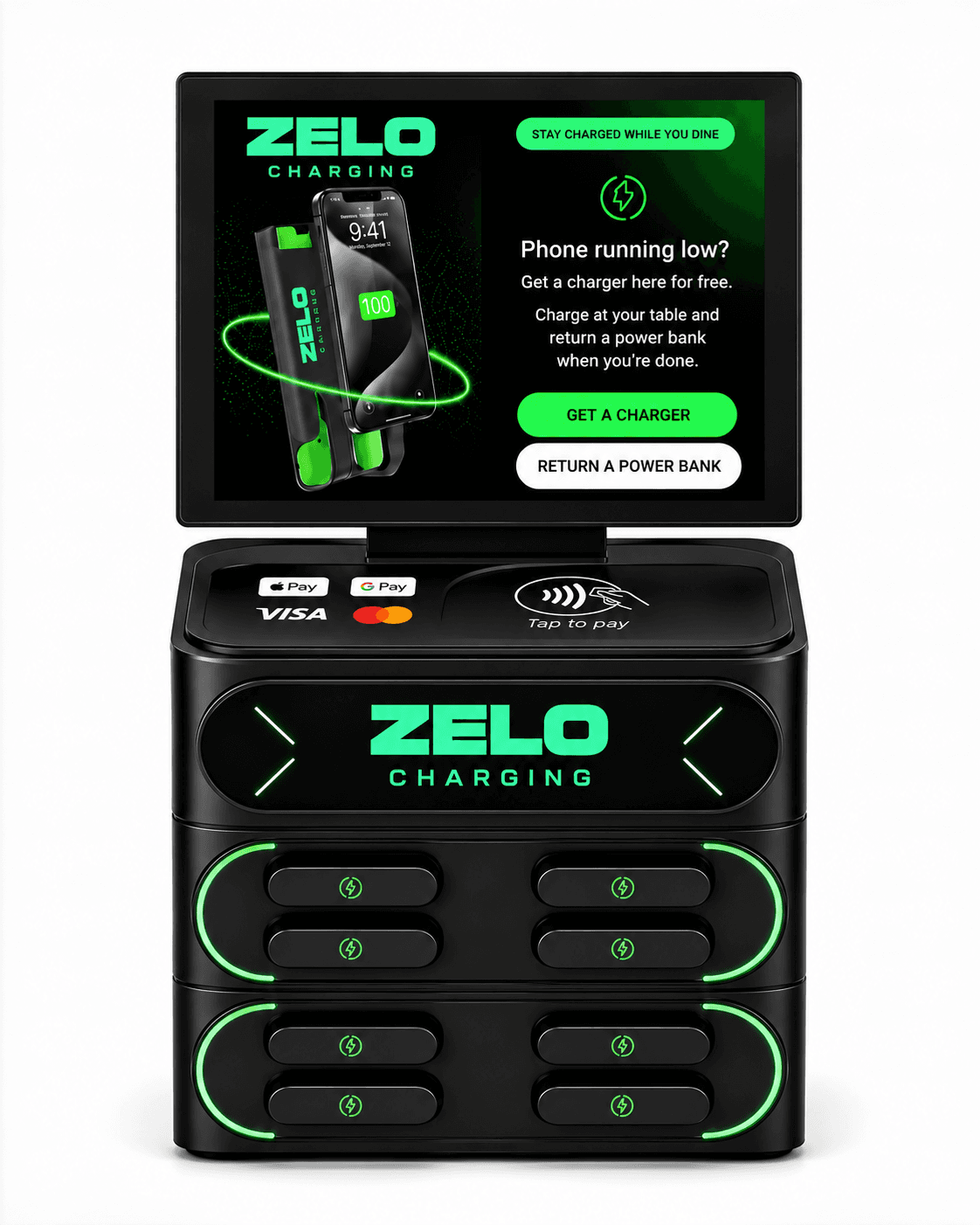 The ZELO charging machine, screen lit